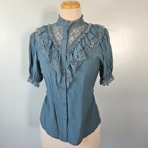 Scarlet Darkness Teal Victorian Lace Ruffle Blouse Corset Back Top Small